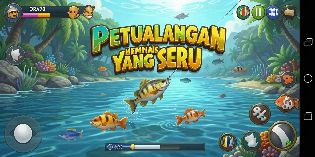 Tampilan gameplay ORA78 yang seru saat memancing di alam bebas.