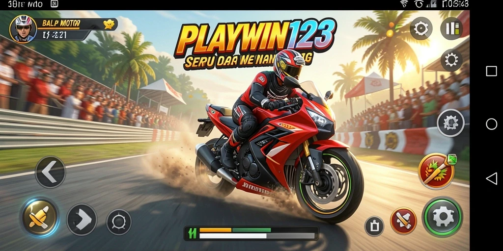 Screenshot utama PLAYWIN123 dengan balapan motor yang seru dan intens.