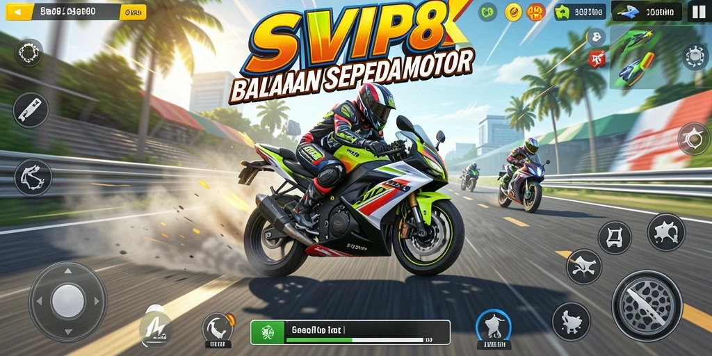 Screenshot gameplay SVIP8 menampilkan aksi balapan motor yang mendebarkan.
