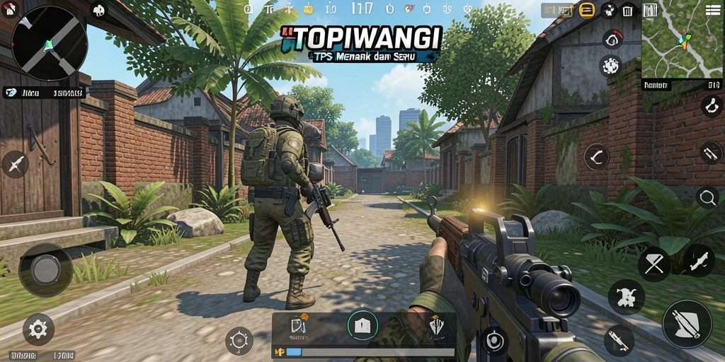 Screenshot utama TOPIWANGI menampilkan aksi seru permainan TPS.